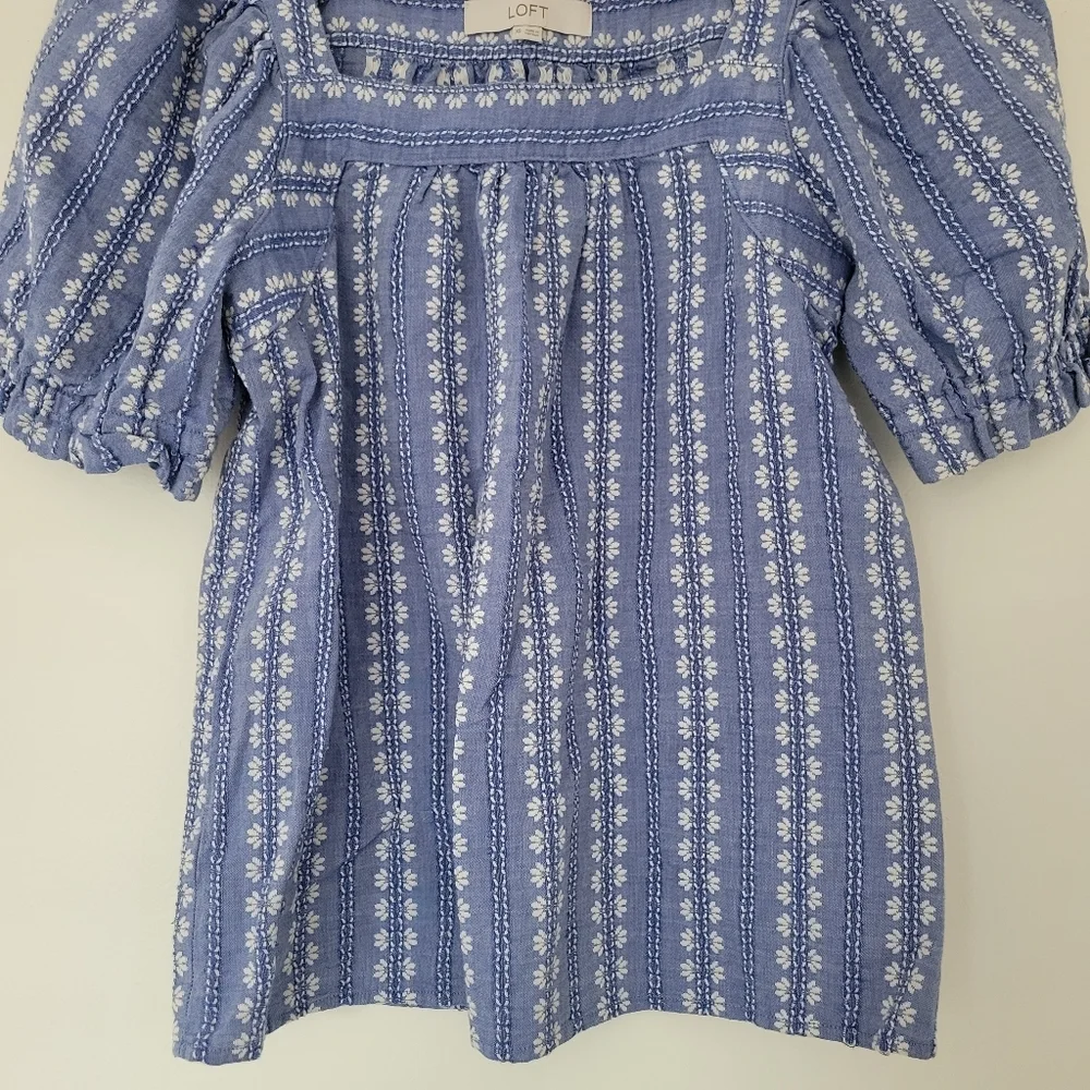 Loft Floral Stitch Square Neck Puff Sleeve Feminine Boho‎ Blouse XS